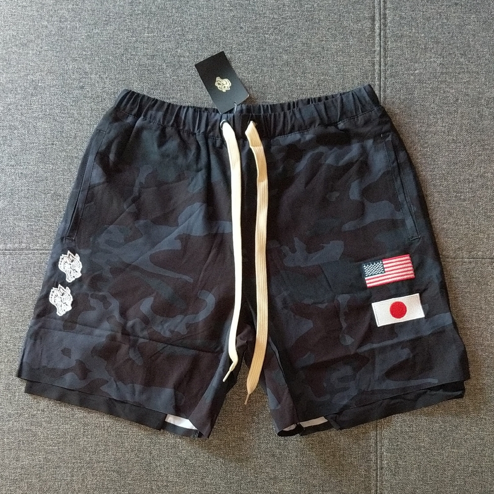 NWT Darc Sports Black Woodland Wolf Camo Gym Shorts